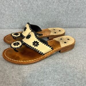 Jack Rogers Flat Sandals Womens 6 Cream Black Leather Whipstitch Floral Thong
